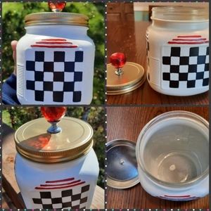 Handpainted glass jar metal lid red glass knob Cannister